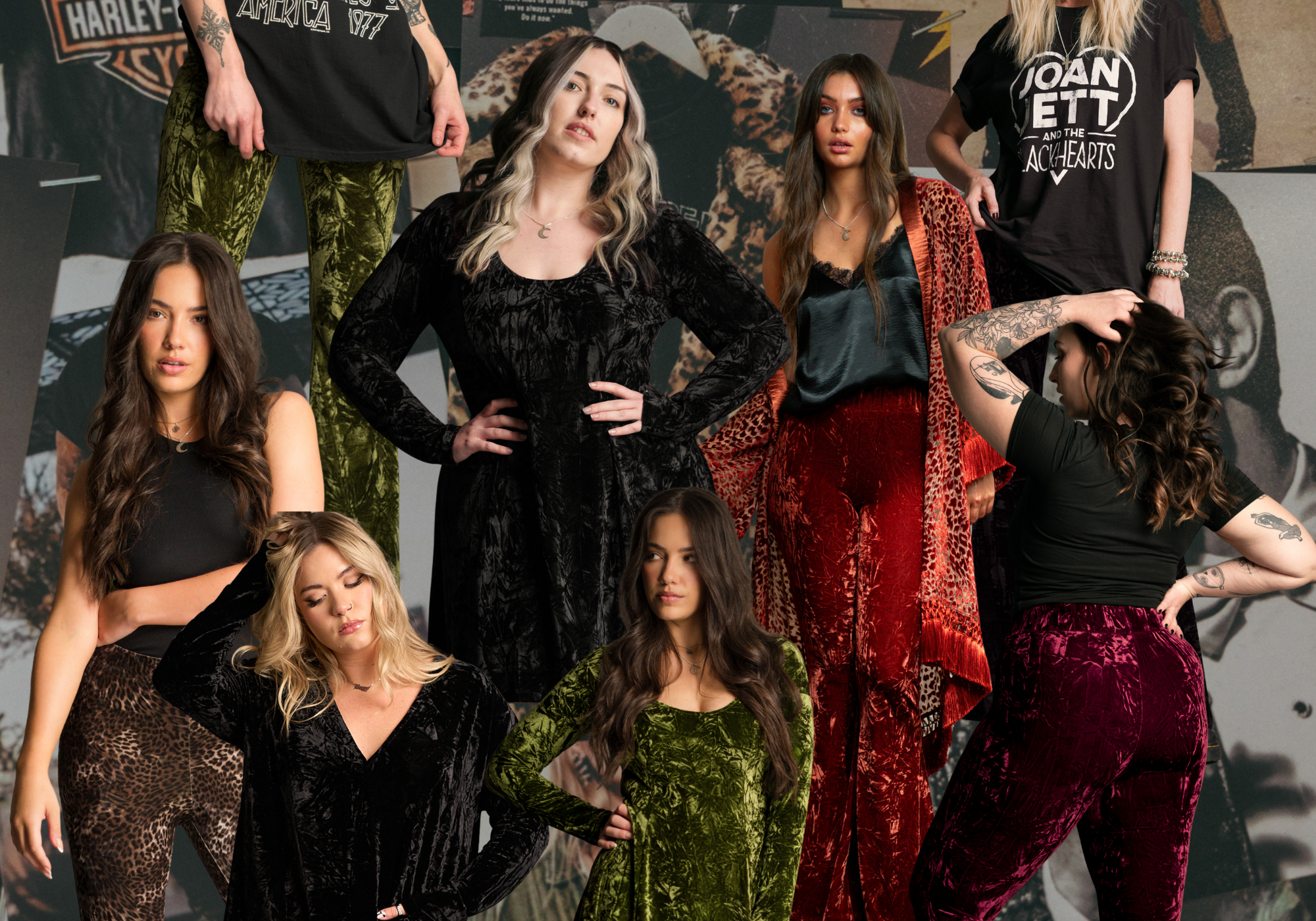 Little Lies velvet collection collage featuring Hendrix Velvet Flares, Sweet Jane Velvet Mini Dresses, Dylan Velvet Tees and Dakota Devore Kimonos in rich autumn tones