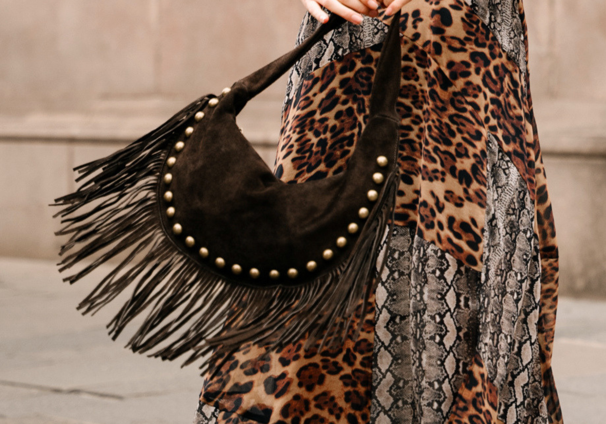 Little Lies Kate Chocolate Brown Studded Fringe Bag worn with the Zadie Animal Handkerchief Dress